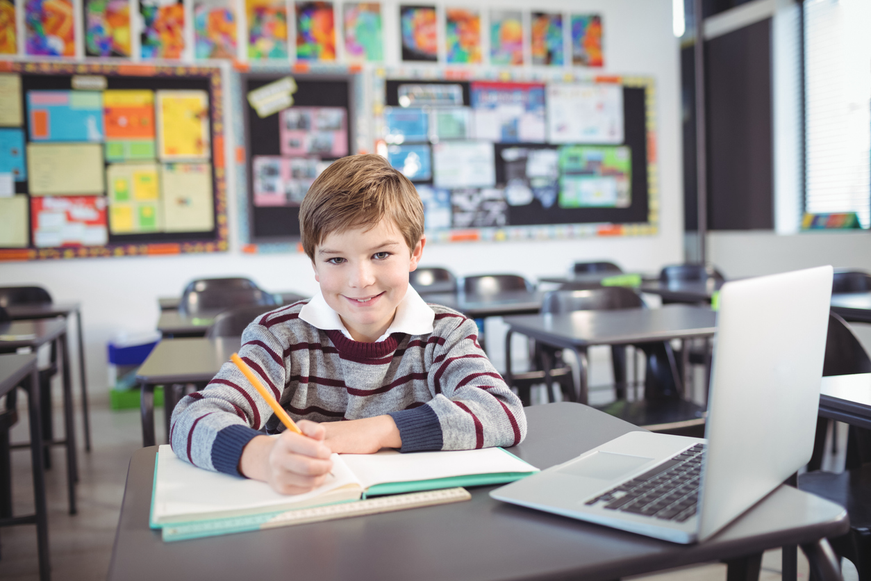 Portrait of smiling elementary schoolboy studying while sitting at desk in classroom